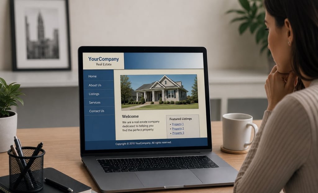 Illustrative older website layout on a laptop