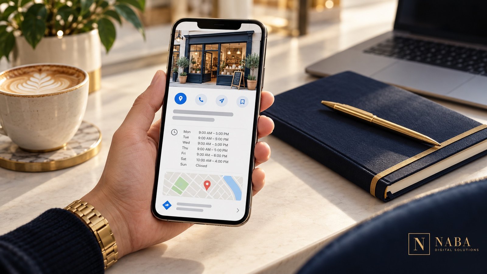 Illustrative local business listing on a smartphone