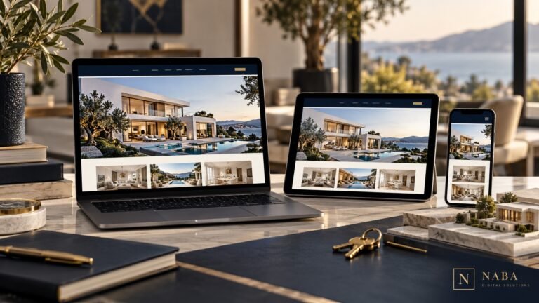 Real estate website presented on desktop, tablet and phone
