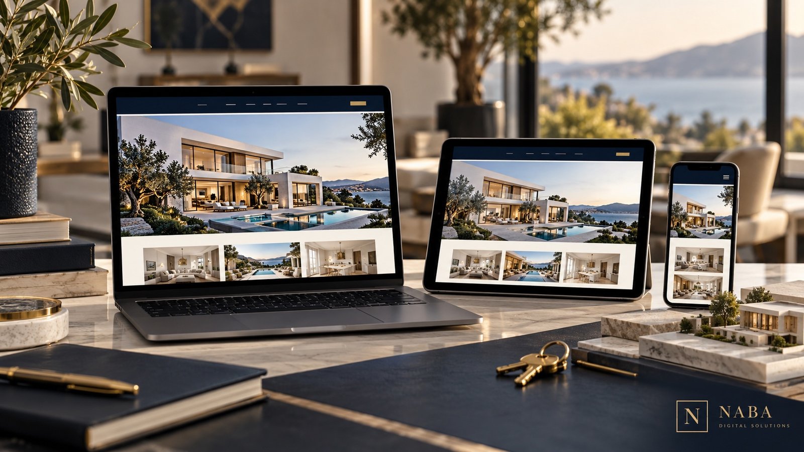 Real estate website presented on desktop, tablet and phone